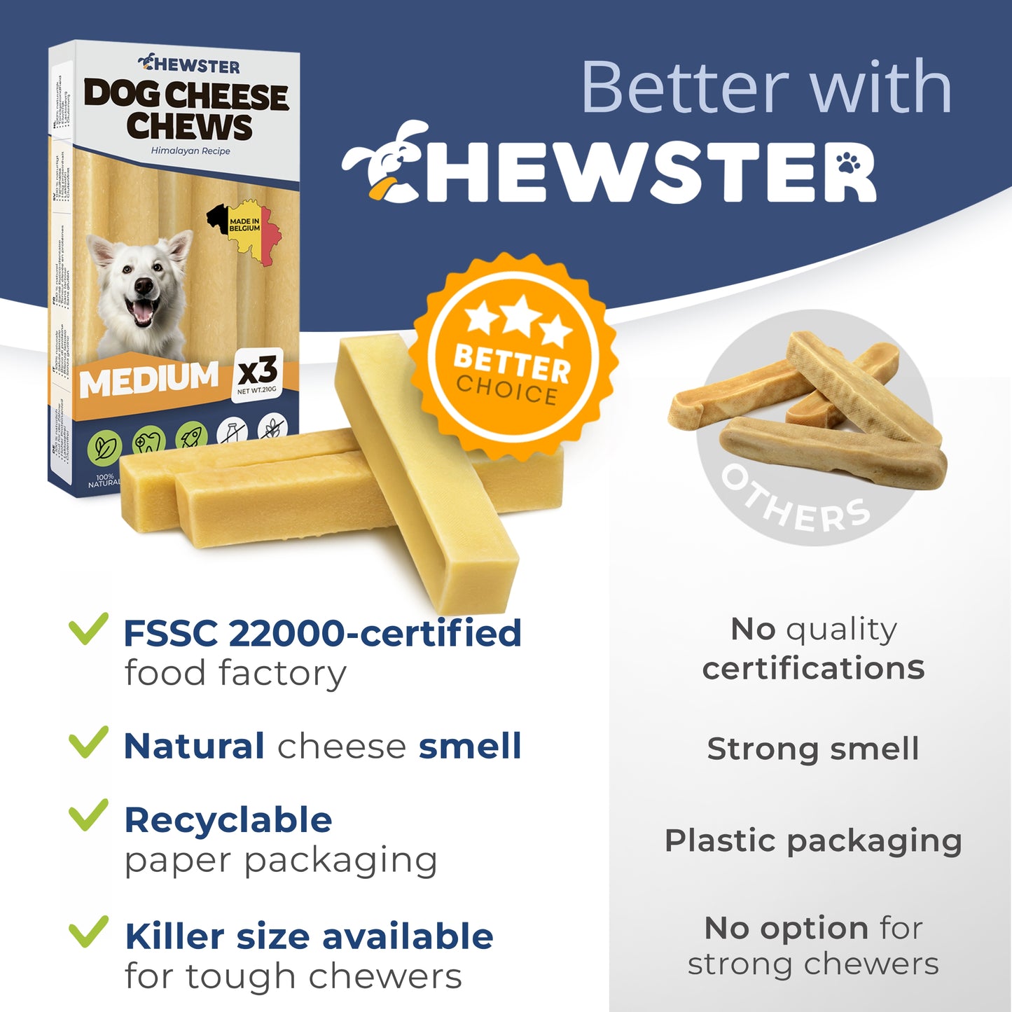 Masticables de queso natural CHEWSTER para perros, tamaño M 
